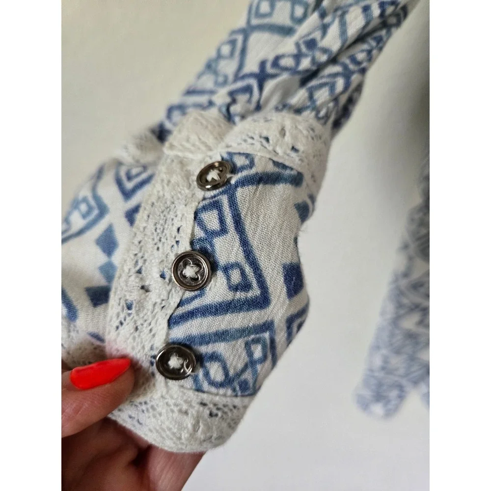 Free People Blue White Pintuck Tassels Boho Mini Dress Large Oversized Lace Cuff